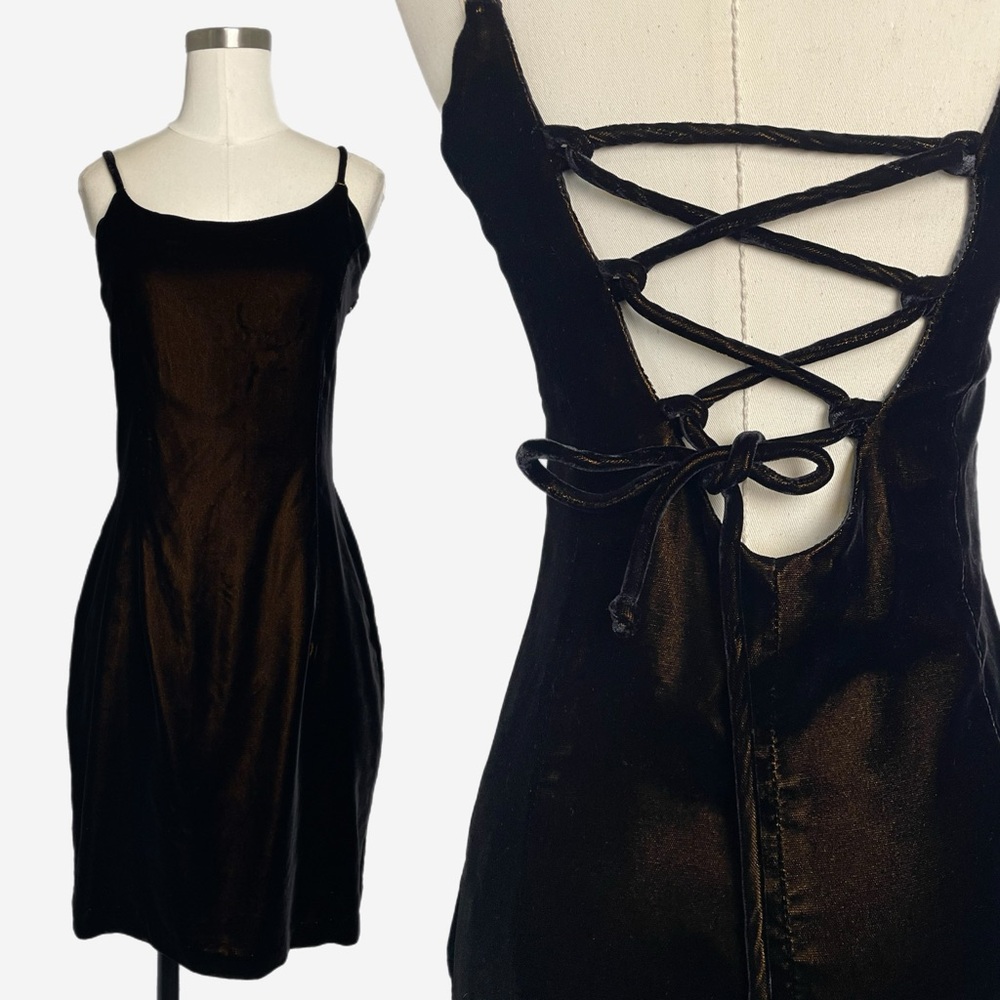 Vintage 90s Elizabeth Wayman brown velvet lace up mini dress grunge medieval S